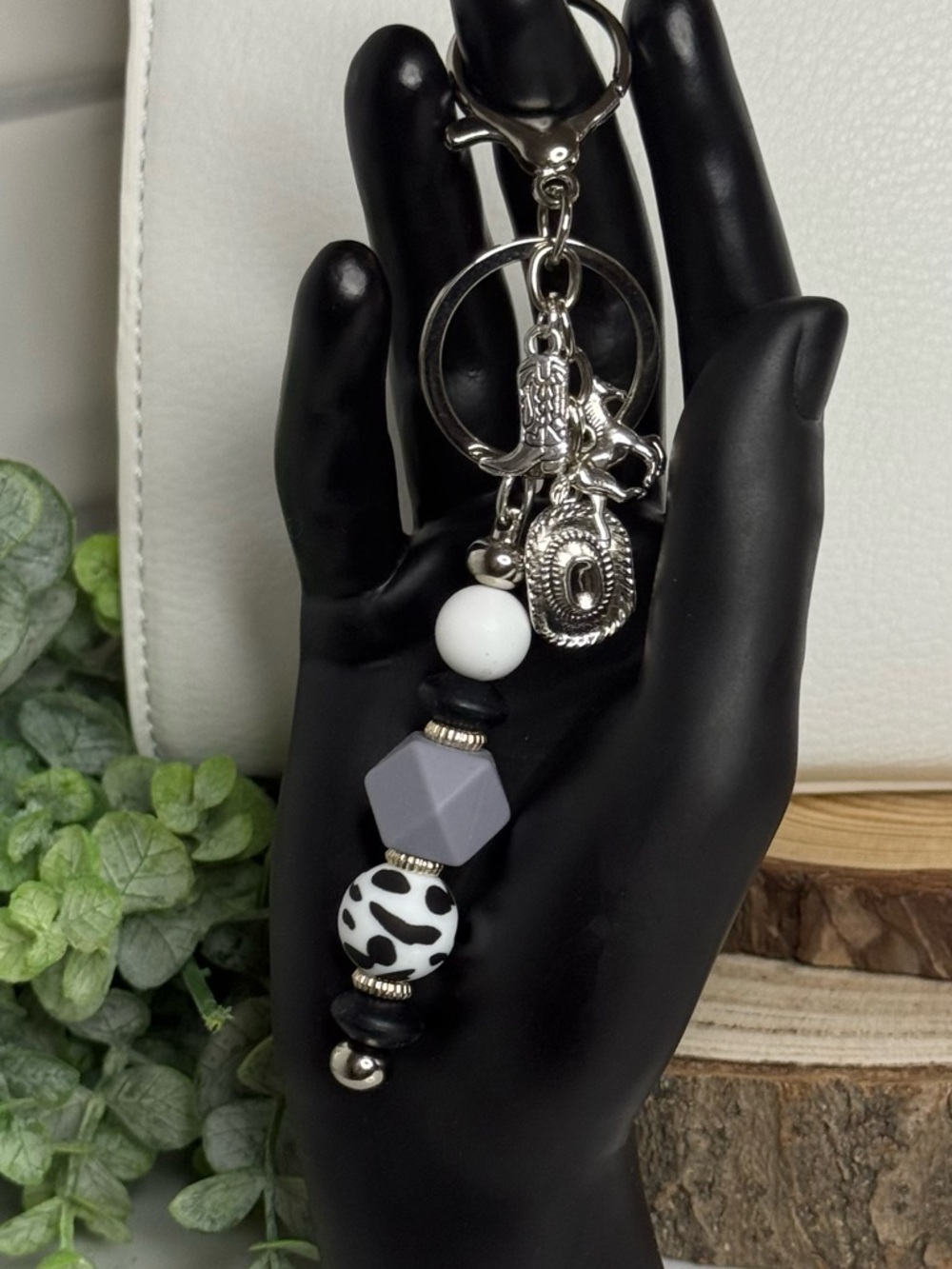 Stylish Western Themed Black & White Silicone Beaded Keychain Charm